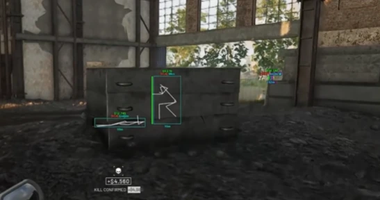 Wardogs skeleton ESP and wallhack highlighting enemies in a warehouse firefight